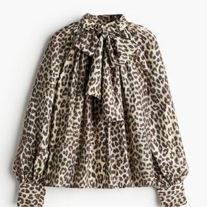 H&M Taupe and Brown Leopard Bow-Neck Blouse